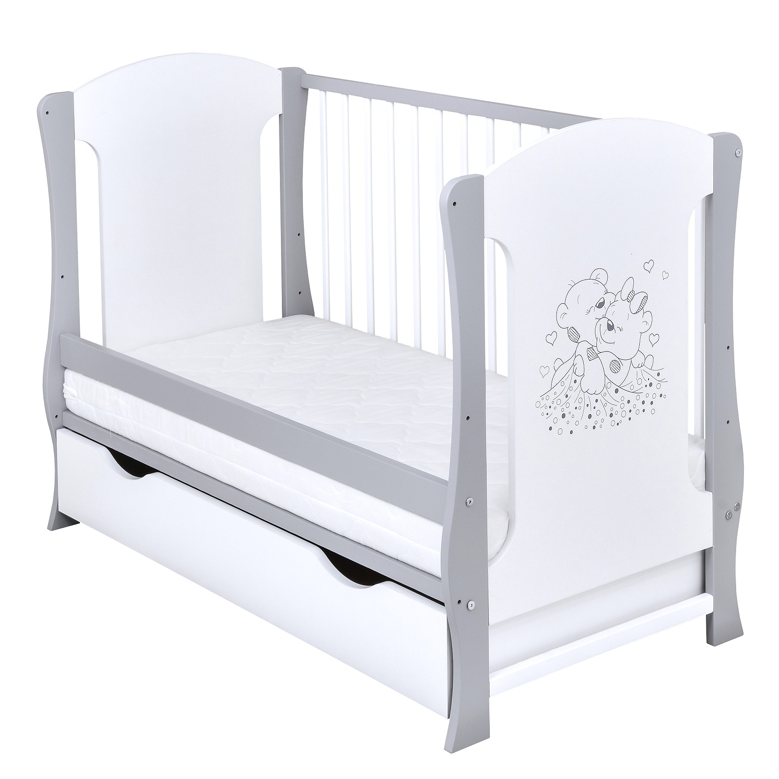 Babybett Juniorbett Nelly 120x60 Weiß Grau Bärchen Schublade Matratze